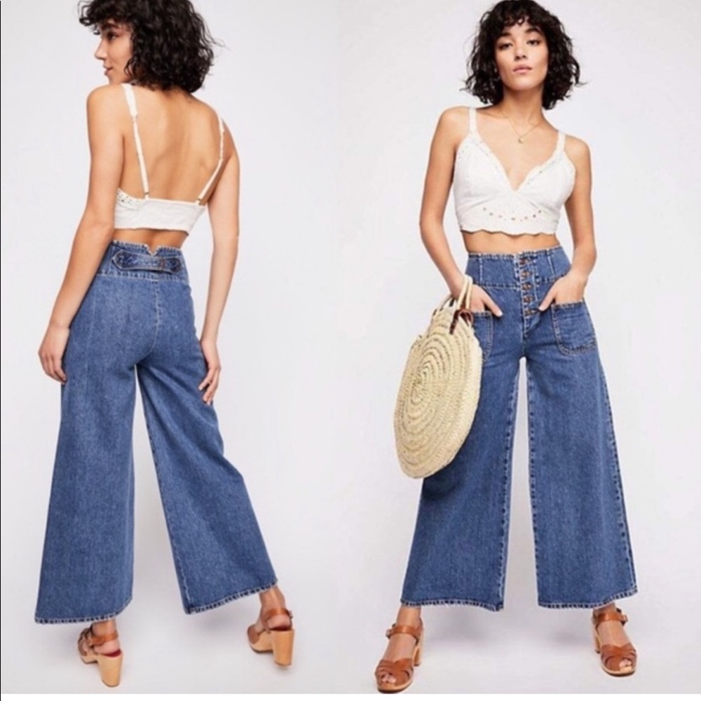 NWOT Free People Wide Leg Crop Jeans Button Fly Denim